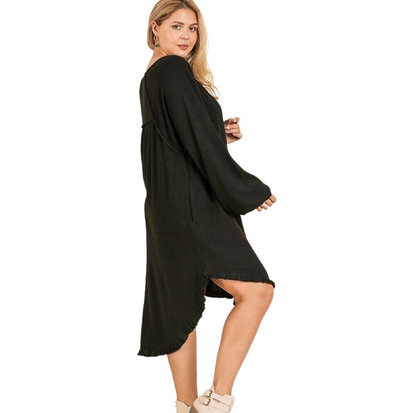 Umgee boho black linen long sleeve high low hem dress size small - Picture 2 of 11